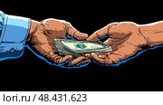 A dynamic illustration depicts two hands engaged in a cash exchange, representing business dealings and financial transactions. Стоковое AI-изображение, AI-художник Данила Большаков / Фотобанк Лори