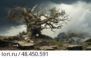 uprooted tree in storm ai generated. Стоковое AI-изображение, AI-художник Vectorwin / Фотобанк Лори