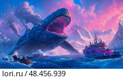 Kaiju Rise: leviathan mountain emerges amidst snowy peaks, boats scattered on the sea, and a vibrant sky. Стоковое AI-изображение, AI-художник Данила Большаков / Фотобанк Лори