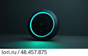 Virtual assistant represented as a glowing orb of data. dot home assistant smarthome speaker. Intelligent home assistant hub, glowing touch interface, minimal style. Стоковое AI-изображение, AI-художник ALLA YURTAYEVA / Фотобанк Лори