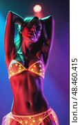 A woman in a bright costume dancing under light effects, front view, bright lighting, energetic color palette with neons and black. Стоковое AI-видео, аниматор Sergey Grishin / Фотобанк Лори