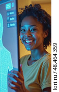 A woman smiling while interacting with a hologram, front view, bright lighting, friendly color palette with soft blues and yellows. future hi-tech interface communication concept. Стоковое AI-видео, аниматор Sergey Grishin / Фотобанк Лори