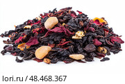 Roselle or Hibiscus tea pile isolated on a white background. Dry karkade flowers petals heap of dried herbal tea. Indian spices. Mockup of aromatic Fruit Red Tea, Dried Herbal Beverage. Carcade. Стоковое AI-изображение, AI-художник Марина Демидюк / Фотобанк Лори