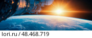 Orbital Dawn: spacecraft overlooks the glowing curvature of Earth beneath star shining in cosmos. Стоковое AI-изображение, AI-художник Данила Большаков / Фотобанк Лори