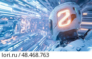 Cybernetic Countdown: A futuristic android awaits activation in a glowing tunnel, design for tech promo. Стоковое AI-изображение, AI-художник Данила Большаков / Фотобанк Лори