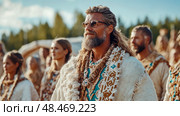 The Viking Chieftain: Noble Leader of Clan Gathering. Стоковое AI-изображение, AI-художник Данила Большаков / Фотобанк Лори