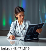 Молодая девушка - врач рассматривает рентгеновский снимок. A young female doctor examines an X-ray. Стоковое AI-изображение, AI-художник Смирнова Светлана / Фотобанк Лори