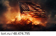 patriotism us flag on fire ai generated. Стоковое AI-изображение, AI-художник Vectorwin / Фотобанк Лори
