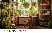 eclectic desk with plants ai generated. Стоковое AI-изображение, AI-художник Vectorwin / Фотобанк Лори