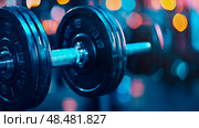 Gym Equipment: Close-up of a dumbbell with weights and barbell with a bokeh background, Fitness for strength training and muscle building. Стоковое AI-изображение, AI-художник Данила Большаков / Фотобанк Лори