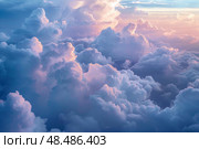 Beautiful sunset sky above clouds from airplane window illuminating the atmosphere. Стоковое AI-изображение, AI-художник Иван Рябоконь / Фотобанк Лори