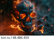 Burning skull engulfed in fiery flames, a symbol of mortality and destruction. Стоковое AI-изображение, AI-художник Иван Рябоконь / Фотобанк Лори