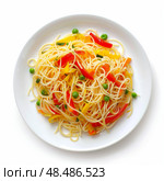 Delicious spaghetti with colorful vegetables creating appealing culinary dish. Стоковое AI-изображение, AI-художник Иван Рябоконь / Фотобанк Лори