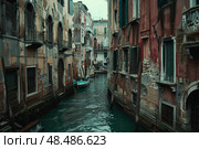 Canal flowing between old crumbling brick buildings in venice italy. Стоковое AI-изображение, AI-художник Иван Рябоконь / Фотобанк Лори