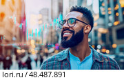 Success in Finance: A man's optimistic outlook on financial growth and stock market trends, charting a path to prosperity. Стоковое AI-изображение, AI-художник Данила Большаков / Фотобанк Лори
