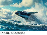 Humpback whale breaching out of the ocean on a sunny day. Стоковое AI-изображение, AI-художник Иван Рябоконь / Фотобанк Лори
