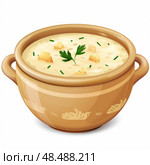 Creamy soup with croutons and parsley garnished in ceramic tureen. Стоковое AI-изображение, AI-художник Иван Рябоконь / Фотобанк Лори