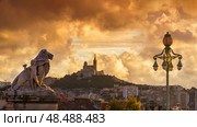 MARSEILLE, FRANCE - 10 Nov 2018 - Panoramic view on the city and the Basilique Notre-Dame de la Garde. Стоковое фото, фотограф Сергей Богомяко / Фотобанк Лори