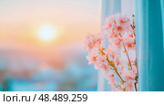 Dreamy Sunrise with Blossoms: Romantic Backdrop for Spring Events. Стоковое AI-изображение, AI-художник Данила Большаков / Фотобанк Лори