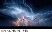 Dark shelf cloud preceding a severe thunderstorm at a wind turbine park. Beautiful thunderstorm black clouds and clouds hanging over the ground. Стоковое AI-изображение, AI-художник ALLA YURTAYEVA / Фотобанк Лори