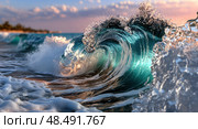 A wave crashing into the shore with the sun setting in the background. Стоковое AI-изображение, AI-художник Ярославский Максим / Фотобанк Лори