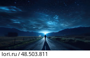 figure road night stars ai generated. Стоковое AI-изображение, AI-художник Vectorwin / Фотобанк Лори