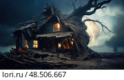 surreal damaged house with tree ai generated. Стоковое AI-изображение, AI-художник Vectorwin / Фотобанк Лори