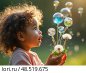 Маленькая кудрявая девочка играет с одуванчиком, дует на него. Вокруг нее мыльные пузыри с детализированными пейзажами, вызывая удивление и радость. Стоковое AI-изображение, AI-художник Сергей Никифоров-Гордеев / Фотобанк Лори