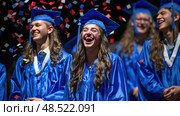 A group of young people wearing graduation gowns, standing together in a row and smiling at the camera. Стоковое AI-изображение, AI-художник Данила Большаков / Фотобанк Лори
