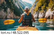 A man is using a paddle to propel a kayak along a flowing river. Стоковое AI-изображение, AI-художник Данила Большаков / Фотобанк Лори