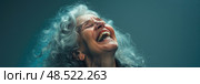 Elderly woman with white hair wearing a wild expression on her face, looking intense and unpredictable. Стоковое AI-изображение, AI-художник Данила Большаков / Фотобанк Лори
