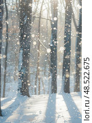A forest blanketed in snow, featuring numerous trees standing tall in the winter landscape under a thick layer of white. Стоковое AI-изображение, AI-художник Данила Большаков / Фотобанк Лори