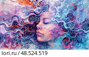 A painting depicting a woman with curly hair looking outwards, showcasing her unique hairstyle in intricate detail. Стоковое AI-изображение, AI-художник Данила Большаков / Фотобанк Лори