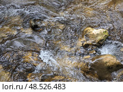 Вид сверху на быстротекущий горный ручей или реку: чистая вода бурлит и пенится, устремляясь через большие, покрытые мхом валуны и мокрые камни. Стоковое фото, фотограф Евгений Ковальский / Фотобанк Лори