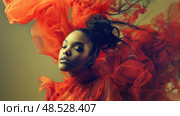 A woman in a vibrant red dress with her eyes closed, surrounded by flowing, gossamer-like material against a neutral background. Стоковое AI-изображение, AI-художник Данила Большаков / Фотобанк Лори