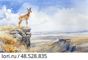 A painting depicting a gazelle confidently standing on a cliff edge, overlooking the landscape below. Стоковое AI-изображение, AI-художник Данила Большаков / Фотобанк Лори