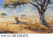 A cheetah, the fastest land animal, is lying under a tree in a grassy savanna. Стоковое AI-изображение, AI-художник Данила Большаков / Фотобанк Лори