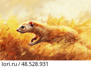 Watercolor painting depicting a nimble ferret sprinting through a lush green field, with the wind rustling the grasses around it. Стоковое AI-изображение, AI-художник Данила Большаков / Фотобанк Лори