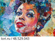 A painting depicting a woman with piercing blue eyes, staring directly at the viewer with a confident expression. Стоковое AI-изображение, AI-художник Данила Большаков / Фотобанк Лори