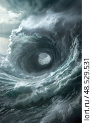 The painting depicts a massive wave in the ocean, towering and crashing with immense power and force, creating a spectacle of natures raw energy. Стоковое AI-изображение, AI-художник Данила Большаков / Фотобанк Лори