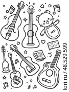 Detailed black and white drawing showcasing various musical instruments like guitars, drums, pianos, and saxophones. Стоковое AI-изображение, AI-художник Данила Большаков / Фотобанк Лори