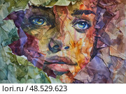 A vivid watercolor artwork captures a womans face fragmented by abstract shapes. Стоковое AI-изображение, AI-художник Данила Большаков / Фотобанк Лори