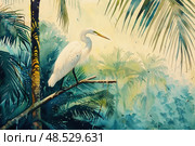 Watercolor painting showing a white bird sitting on a tree branch. Стоковое AI-изображение, AI-художник Данила Большаков / Фотобанк Лори