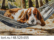 A realistic watercolor painting depicting a dog relaxing in a hammock, looking content and comfortable in a serene setting. Стоковое AI-изображение, AI-художник Данила Большаков / Фотобанк Лори