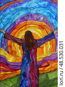 A painting of a woman standing with her arms extended outwards in opposite directions. Стоковое AI-изображение, AI-художник Данила Большаков / Фотобанк Лори