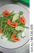 Professional chef garnishing gourmet salmon arugula salad with delicate wasabi paste in pristine restaurant kitchen workspace. Стоковое видео, видеограф Данил Руденко / Фотобанк Лори
