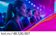 Introspective attendee at tech summit with vibrant futuristic light. Стоковое AI-изображение, AI-художник Данила Большаков / Фотобанк Лори