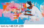 Abstract Painting of Woman Doing Needlework, Colorful with Turquoise, Pink, Orange Tones. Стоковое AI-изображение, AI-художник Данила Большаков / Фотобанк Лори