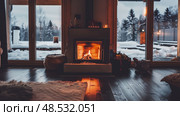 Living room filled with various pieces of furniture including a sofa, coffee table, and armchairs, centered around a fireplace with a crackling fire at winter. Стоковое AI-изображение, AI-художник Данила Большаков / Фотобанк Лори