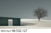 A single tree emerges starkly in the middle of a vast, snow-covered field, surrounded by a pristine white landscape under a clear blue sky. Стоковое AI-изображение, AI-художник Данила Большаков / Фотобанк Лори